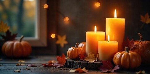 Naklejka premium Cozy autumn scene with flickering candlelight illuminating warm-toned seasonal decorations Perfect for fall, Thanksgiving, or winter holiday themes , table, red