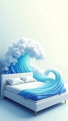 A modern bed where the mattress transforms into rolling ocean waves, symbolizing dreams flowing like water.
