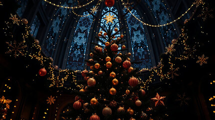 Christmas tree with ornaments and lights in a grand hall, creating a magical and festive atmosphere