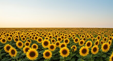 Bright Sunflower Field at Sunset with Clear Sky and Vibrant Yellow Flowers