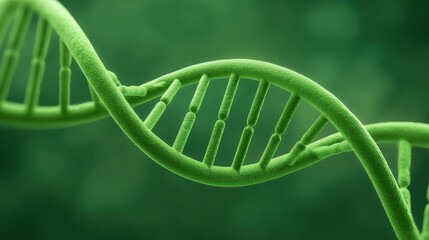 Close-up View of a Green DNA Helix Structure with Detailed Filaments Against a Soft Green Background for Science and Biology Themes