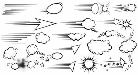 Collection of black and white comic book graphic elements for speed, motion, and speech.