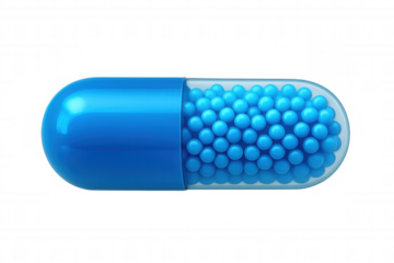 Close-up of a blue capsule containing numerous small blue spheres, isolated on a transparent background, ideal for pharmaceutical or medical concepts