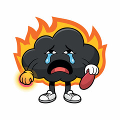 Fototapeta premium Illustration of a sad burning cloud cartoon character with tears and fire graphic design element vector