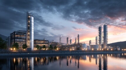 Naklejka premium Illuminated industrial landscape at twilight with mirrored reflections