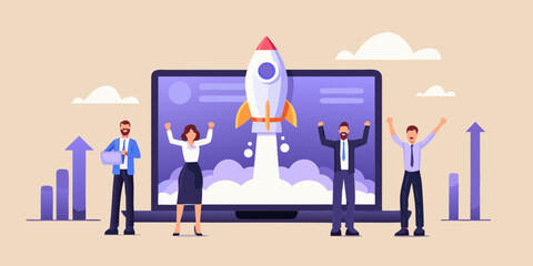 Team celebrating successful business startup launch with rocket taking off on laptop screen and growth charts
