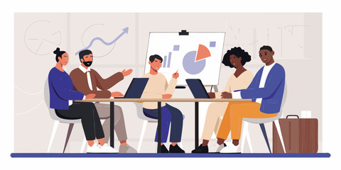 Diverse business team collaborating in a modern office meeting room with charts and laptops