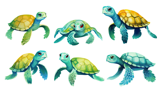 Funny cartoon sea turtles adorable marine animal characters illustration isolated on white background