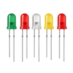 A set of multicolored LEDs (light-emitting diodes) in high resolution on a transparent background. The image shows five diodes — green, red, white, yellow, and red — with metallic leads. Suitable for 