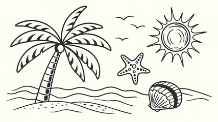 Hand drawn summer vintage icon set with palm trees, sun, sea, seashells, coral. Isolated white background.