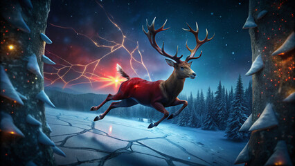 A cartoon stag with large antlers is a wild animal found in the forest during the Christmas holiday