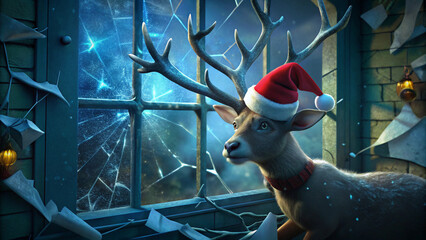 a cute cartoon reindeer through a snowy winter wonderland