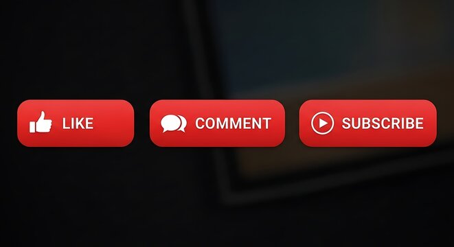Three red buttons for engagement on a dark background, featuring like, comment, and subscribe.