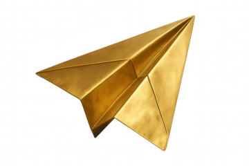 Golden paper airplane flying high, representing success, travel aspiration, elegance, against translucent backdrop