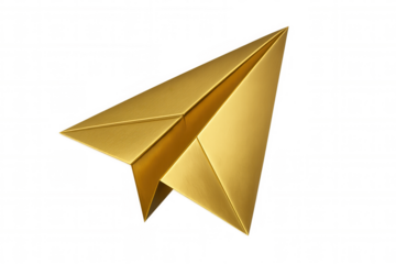 Shiny gold paper plane soaring through space with transparent background, symbolizing luxury travel, achievement, and innovation