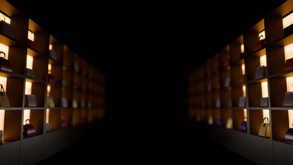 格子状のラックに高級なブランドバッグが永遠と陳列されているイメージ
