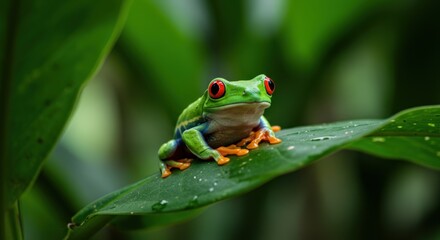 Naklejka premium Vibrant close-up of a red-eyed tree frog perched on a lush green leaf in its natural rainforest habitat