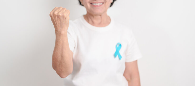 Elderly with blue Ribbon for Prostate Cancer Awareness month, April Child Abuse Prevention, National Bullying, September Addiction Recovery, May Chronic Fatigue Syndrome and January Human Trafficking