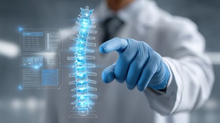 Doctor in Gloves Interacting with Virtual Spine Diagram in High-Tech Medical Environment for Modern Healthcare and Surgery Solutions
