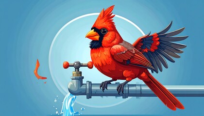 Cardinal perched on a faucet, water flowing