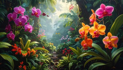 A vibrant tropical forest path bathed in sunlight, showcasing a profusion of colorful orchids and lush greenery.