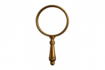 Golden magnifying glass isolated on transparent background, symbolizing exploration, searching, and discovery
