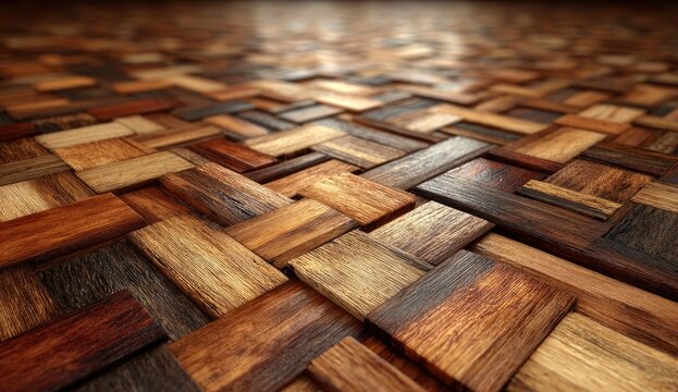 Close-up view of a wooden parquet floor with a woven pattern