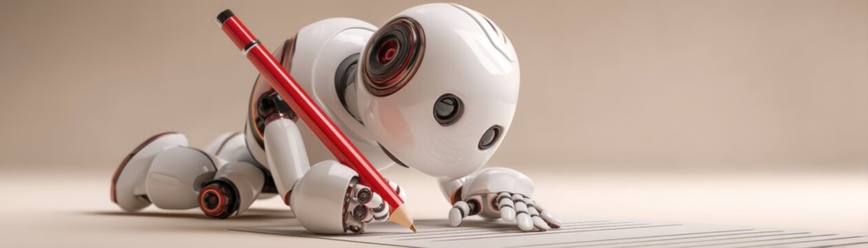 A small robot, resembling a child, is lying on the ground and writing with a red pencil, showcasing creativity and technology in a playful manner with space for text, cute teacher robot