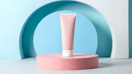 Pink cosmetic tube on round platform with blue wall and white arch – Minimalist beauty product display and pastel branding, business, abstract, skincare, elegance, design