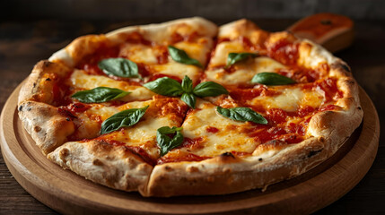 Pizza with salami and cheese on a wooden board