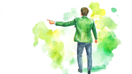 Green watercolor painting of professional manager pointing away