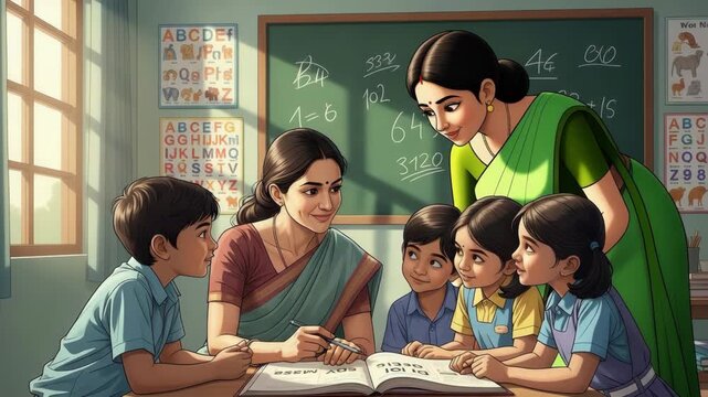 Happy indian children eagerly learning and interacting with caring teachers celebrating national education day and bright futures