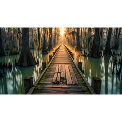 Wooden walkway through a misty cypress swamp at sunrise