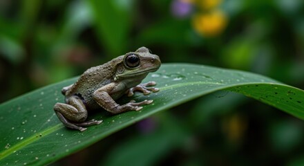 Obraz premium Close-Up of a Tiny Frog Resting on a Leaf in its Habitat
