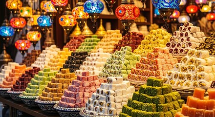 Fototapeta premium Colorful Turkish Delight Assortment with Decorative Lanterns in Traditional Market