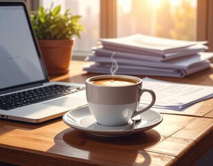 Cup of coffee with laptop on wooden desk and stack of document