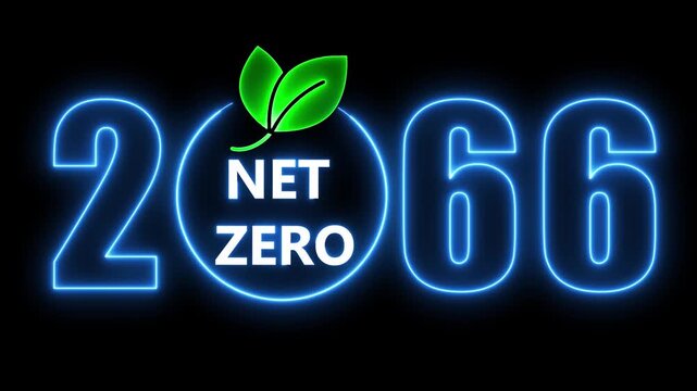 Net zero 2066 neon sign with green leaf on black background concept