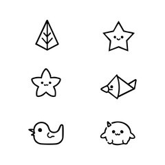 Set of Cute Kawaii Doodle Icons with Leaf, Star, Bird, and Animal Characters
