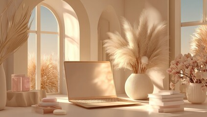 Neutral Workspace with Pampas Grass