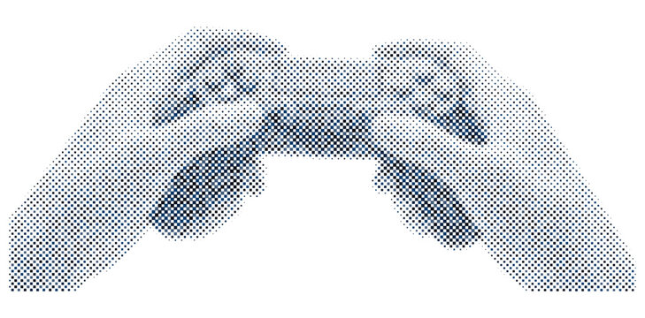 Illustration of hands holding a video game controller created with square pixels in blue colors on a white background