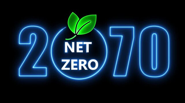 Animated neon illustration of net zero by 2070 and green sustainable leaf