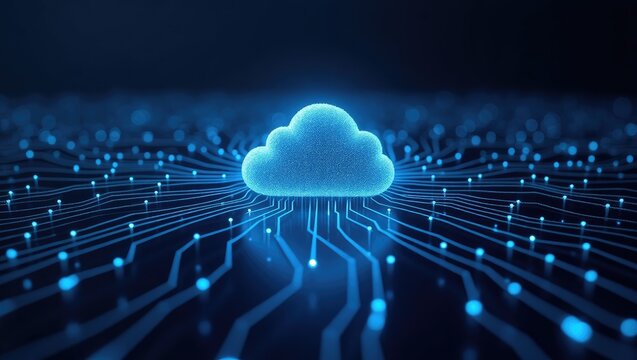 A luminous cloud icon sits atop a complex network of glowing circuit lines, highlighting digital connectivity.