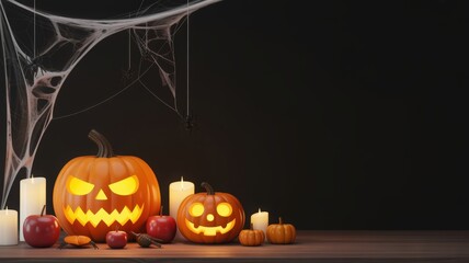 Fototapeta premium Halloween Pumpkins and Candles Dark Background Scene