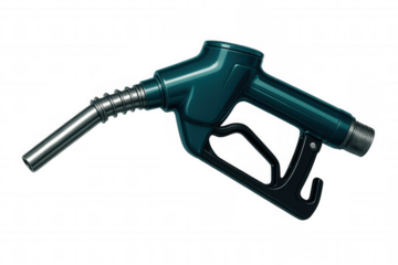 Green fuel pump nozzle dispensing gasoline, reflecting energy industry innovation against clean, transparent backdrop