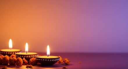 Karva Chauth banner background, candles glowing on romantic gradient