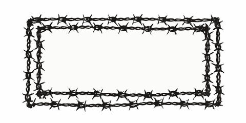 Rectangular frame made of sharp barbed wire on a white background