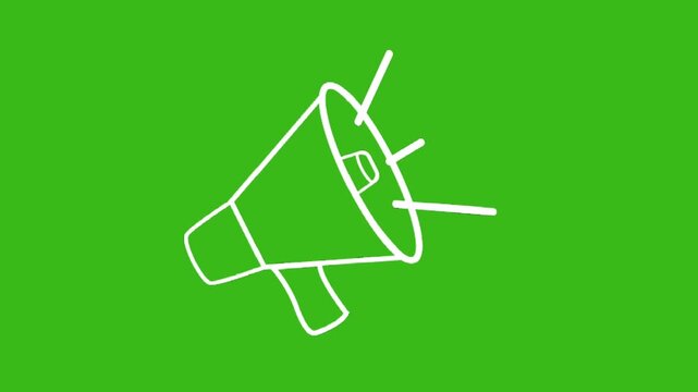 Animated white megaphone on green background with volume slider. Sound waves pulse dynamically, framed by black edges for bold impact