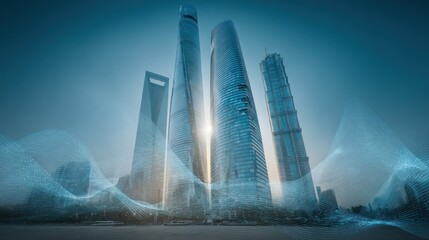 Futuristic Modern Skyscrapers in a Bright City with Digital Wave Overlay