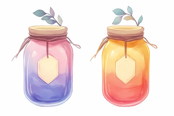 Pastel-colored jars with blank tags and sprigs.