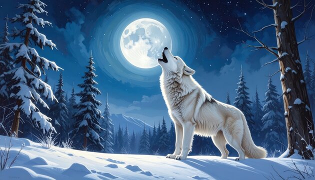 A majestic white wolf howls at the full moon, illuminating a snowy forest at night.